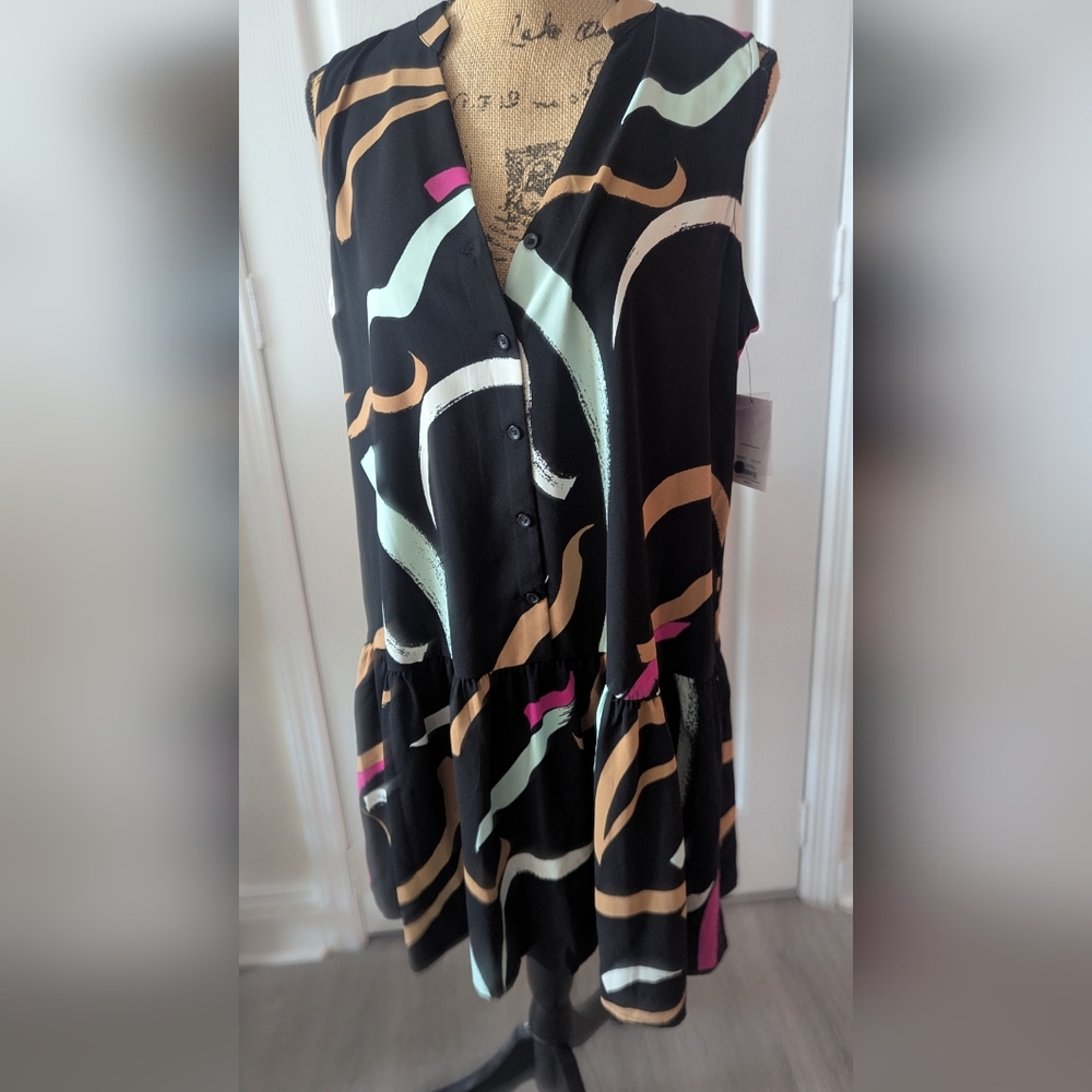 Nine West Sleeveless Green and Orange Peplum Midi Dress